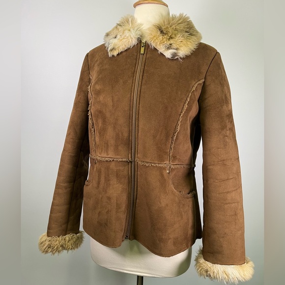 Style & Co Y2K Faux Suede Shearling Jacket Women’s Small Brown Fur Trim Boho - Picture 1 of 9